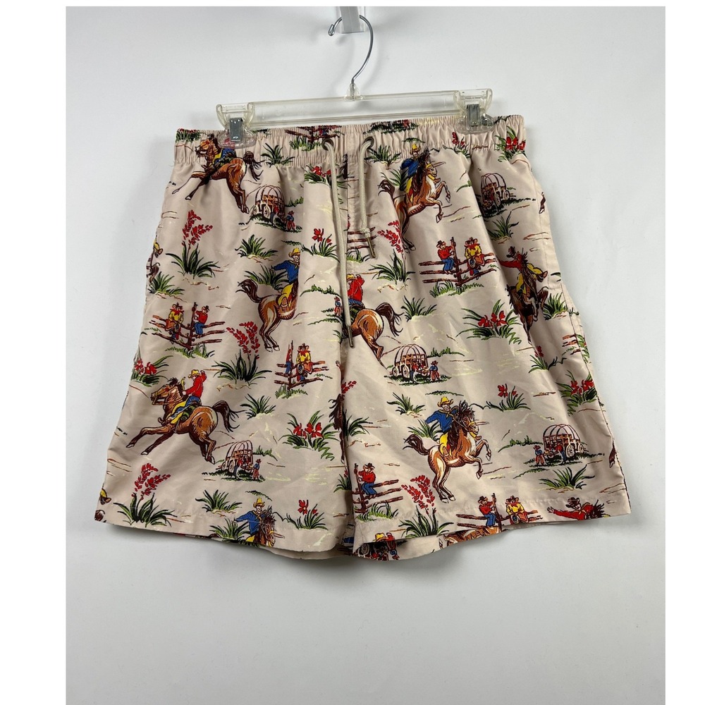 Negative Space Cowboy Print Swim Shorts Mens M Beige Western Rodeo Drawstring